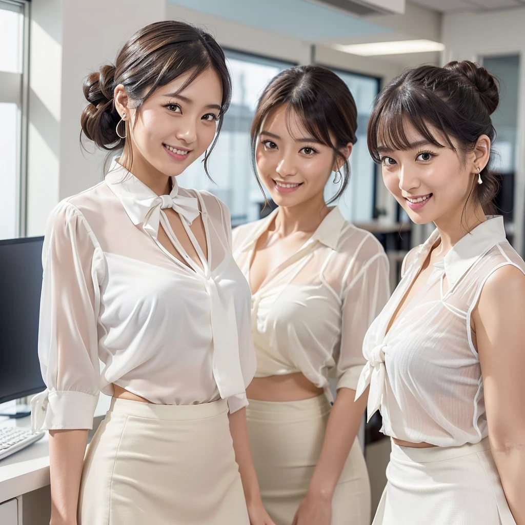 A close-up photo of two Japanese office girls, Hair tied up, Bangs down, (Double eyelids), looking at the viewer, In the office, (All smiling), Highest Resolution, masterpiece, (All wearing white office sheer loose blouse and white-bowtie), ((All lifting up skirt, and exposing panties)), (All wearing earrings)