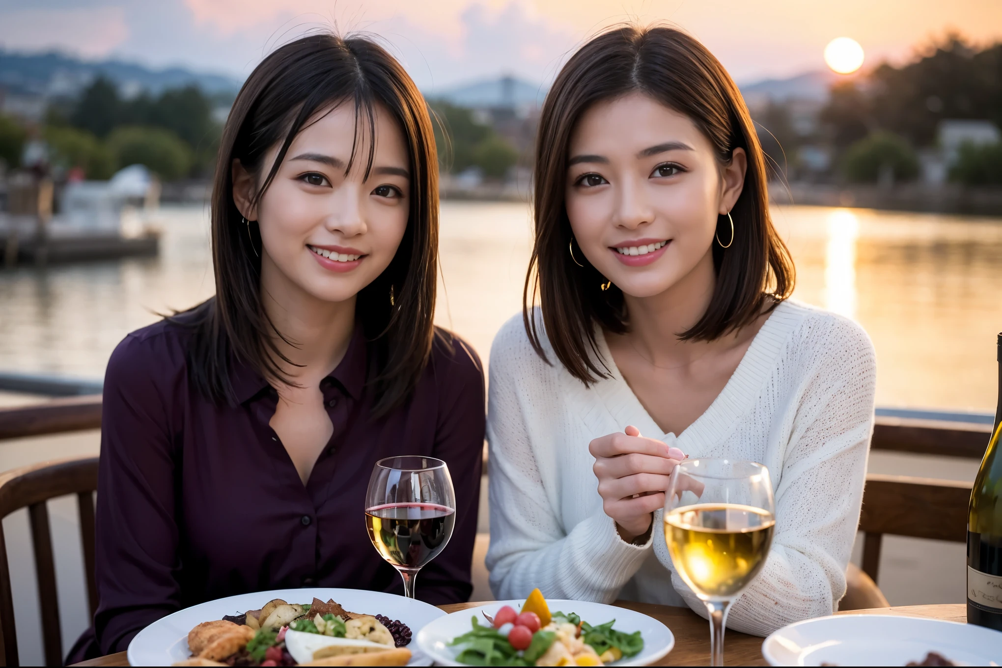 ((highest quality、8k、masterpiece:1.3))、 (Genuineistic, Genuine、Bright image、Intricate details:1.2), 最高のsmile 男性1人 女性1人、Beautiful couple、spouse、Engaged Couple、family、actress、model、smile、full-course dinner、 (Slim face), (the body is slim), (Brown Hair), (short hair), テーブルの上のwine glass、Please shine a light on my face、 Amazing view of the sunset sky and clouds、 (Age 37), 41 years old, red wine 、Appetizers、Wine bottle、sparkling wine、Long sleeve shirt、dress、White wine, red wine, wine glass,