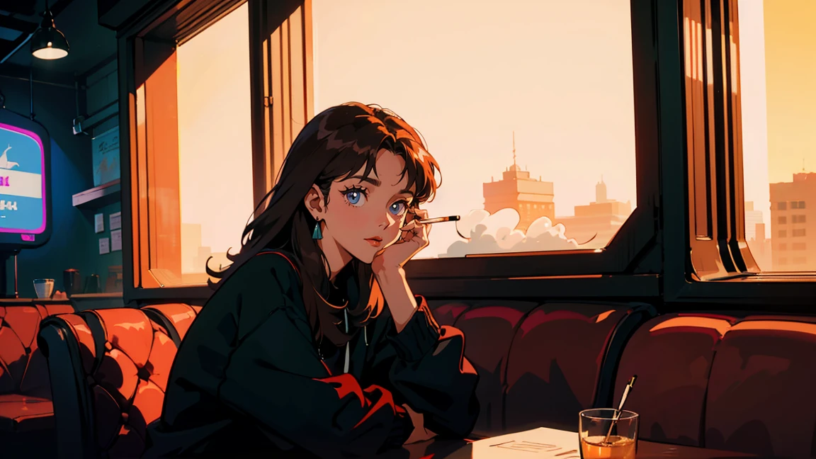 Beautiful redhead Asian girl sitting in a restaurant at night, Visible from the window, Perfect Face, White Taylormade, Smoke a cigarette, Neon Black, (Backlight: 1.1), A scene from a movie, Hard Shadows, masterpiece, highest quality, Complex, Model shooting style, Vintage, Film Grain,