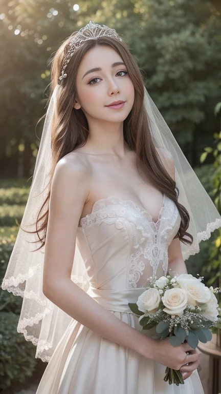 Wedding dress,bride,Waiting for love,Beautiful and delicate eyes,Beautiful and delicate lips,Extremely detailed eyes and face,long eyelashes,fairytale atmosphere,soft light,romantic mood,Stunning background,flowers,dream colors,Emotional expression,romantic pose,blurred background,sparkling veil,Delicate lace,Sparkling tiara,Elegant hairstyle,vintage decor,Vintage furniture,ethereal atmosphere,breeze,whispering tree,cute smile,anticipatory,Heartfelt emotions,gentle and loving,graceful movements,Soft and gentle touch,Warm and tender moments,romantic atmosphere,lifelike masterpiece,Highest quality 4k resolution,studio lighting,bright colors