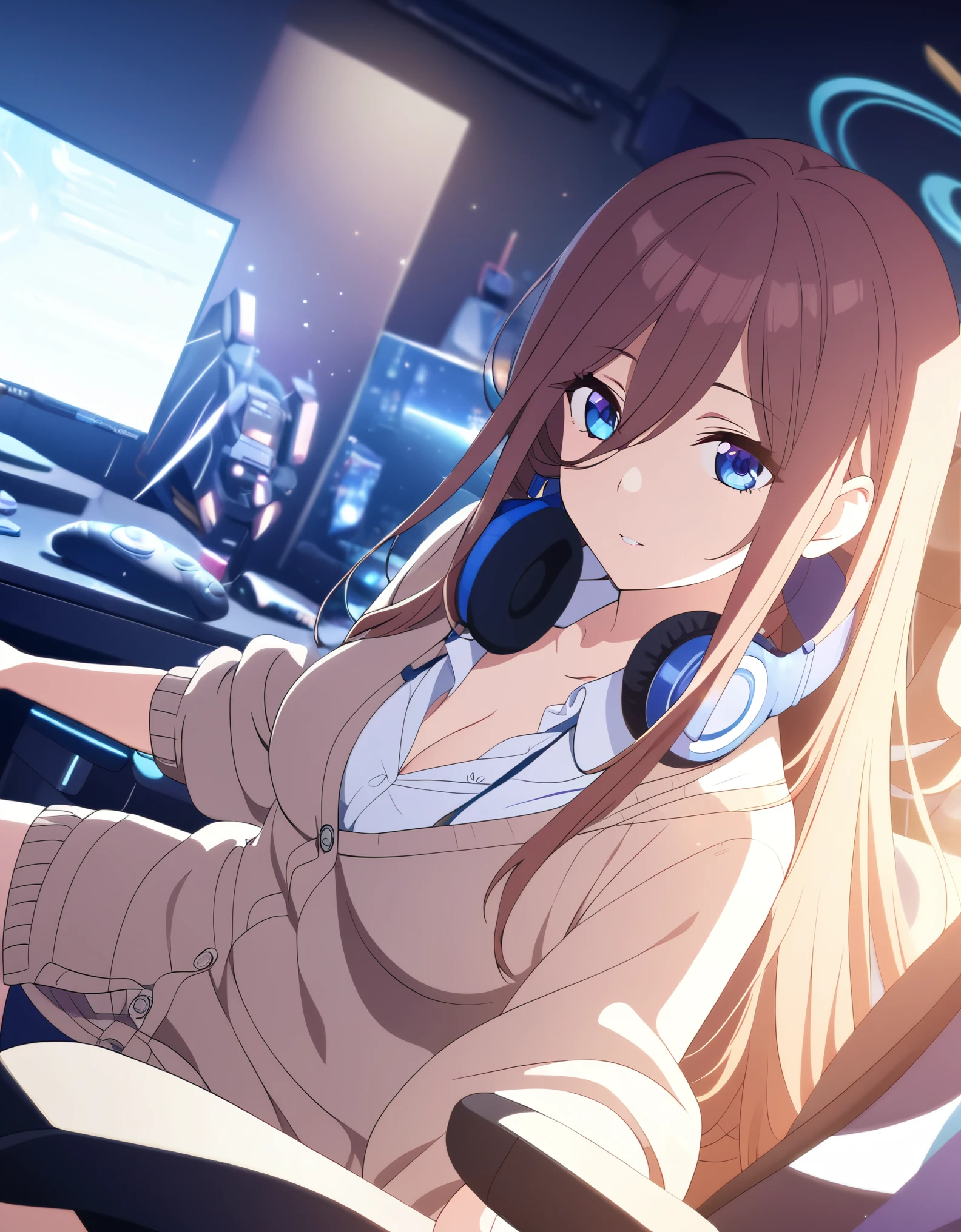 (A girl lounging in her bedroom), (a PC monitor turned on, a gaming chair), (a cluttered room), (fetal position), (perfect face), Sparkling, (masterpiece, best quality), (absurdres absolutely resolution), (8k), (detailed illustration), (super fine illustration), (professional lighting), (vivid color), detailed beatiful face, detailed beatiful eyes, detailed beatiful hair, perfect body, perfect hands, dynamic pose, dutch angle}, , looking at viewer, miku nakano, long hair, bangs, blue eyes, brown hair, shirt, hair between eyes, cardigan, headphones around neck, mature female, medium breasts