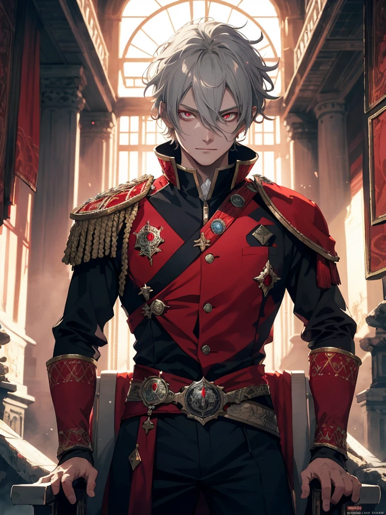 grey-haired, red-eyed the prince sits on a majestic throne inside an abandoned palace. the prince sits on a majestic throne inside an abandoned palace, 1 boy, blonde hair, Blue eyes, 20 years, Cold face, grin slightly, and covered with a dusty cloth. The protagonist is dressed in royal clothes., with a determined expression on his face, when he looks at the horizon with glowing red eyes, masterpiece, Best quality, ultra detailed, illustration, Concept art in 8K resolution, fantasy art, epic art, concept art wallpaper 4K, deep color, daylight