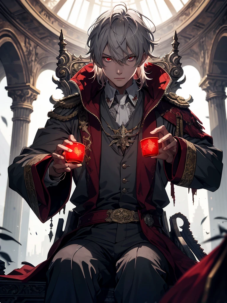 grey-haired, red-eyed the prince sits on a majestic throne inside an abandoned palace. the prince sits on a majestic throne inside an abandoned palace, 1 boy, blonde hair, Blue eyes, 20 years, Cold face, grin slightly, and covered with a dusty cloth. The protagonist is dressed in royal clothes., with a determined expression on his face, when he looks at the horizon with glowing red eyes, masterpiece, Best quality, ultra detailed, illustration, Concept art in 8K resolution, fantasy art, epic art, concept art wallpaper 4K, deep color, daylight