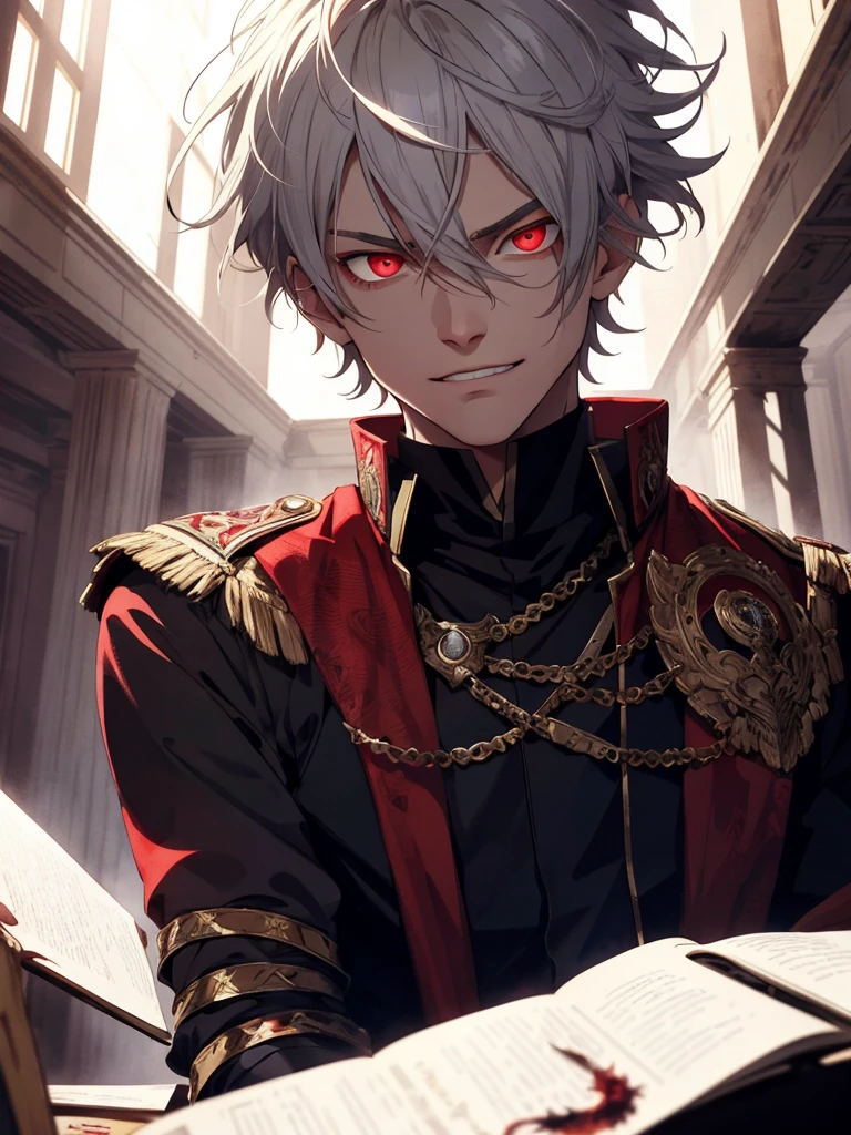 grey-haired, red-eyed the prince sits on a majestic throne inside an abandoned palace. the prince sits on a majestic throne inside an abandoned palace, 1 boy, blonde hair, Blue eyes, 20 years, Cold face, grin slightly, and covered with a dusty cloth. The protagonist is dressed in royal clothes., with a determined expression on his face, when he looks at the horizon with glowing red eyes, masterpiece, Best quality, ultra detailed, illustration, Concept art in 8K resolution, fantasy art, epic art, concept art wallpaper 4K, deep color, daylight