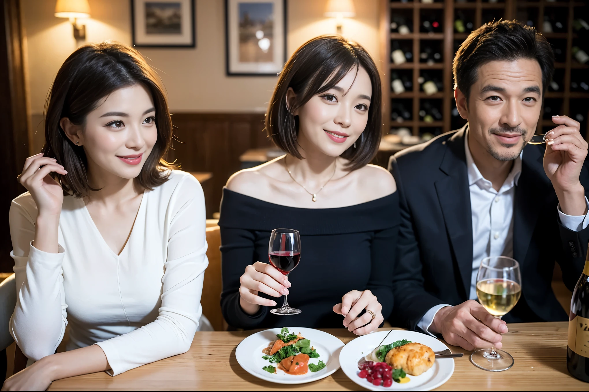 ((highest quality、8k、masterpiece:1.3))、 (Genuineistic, Genuine、Bright image、Intricate details:1.2), 最高のsmile 男性1人 女性1人、Beautiful Couple、spouse、Couple、spouse、actress、モデルCouple、smile、full-course dinner、 (Slim face), (the body is slim), (Brown Hair), (short hair), テーブルの上のwine glass、Please shine a light on my face、 Amazing view of the sunset sky and clouds、 (42 years old), 39 years old, red wine 、Appetizers、Wine bottle、sparkling wine、Long sleeve shirt、dress、White wine, red wine, wine glass,
