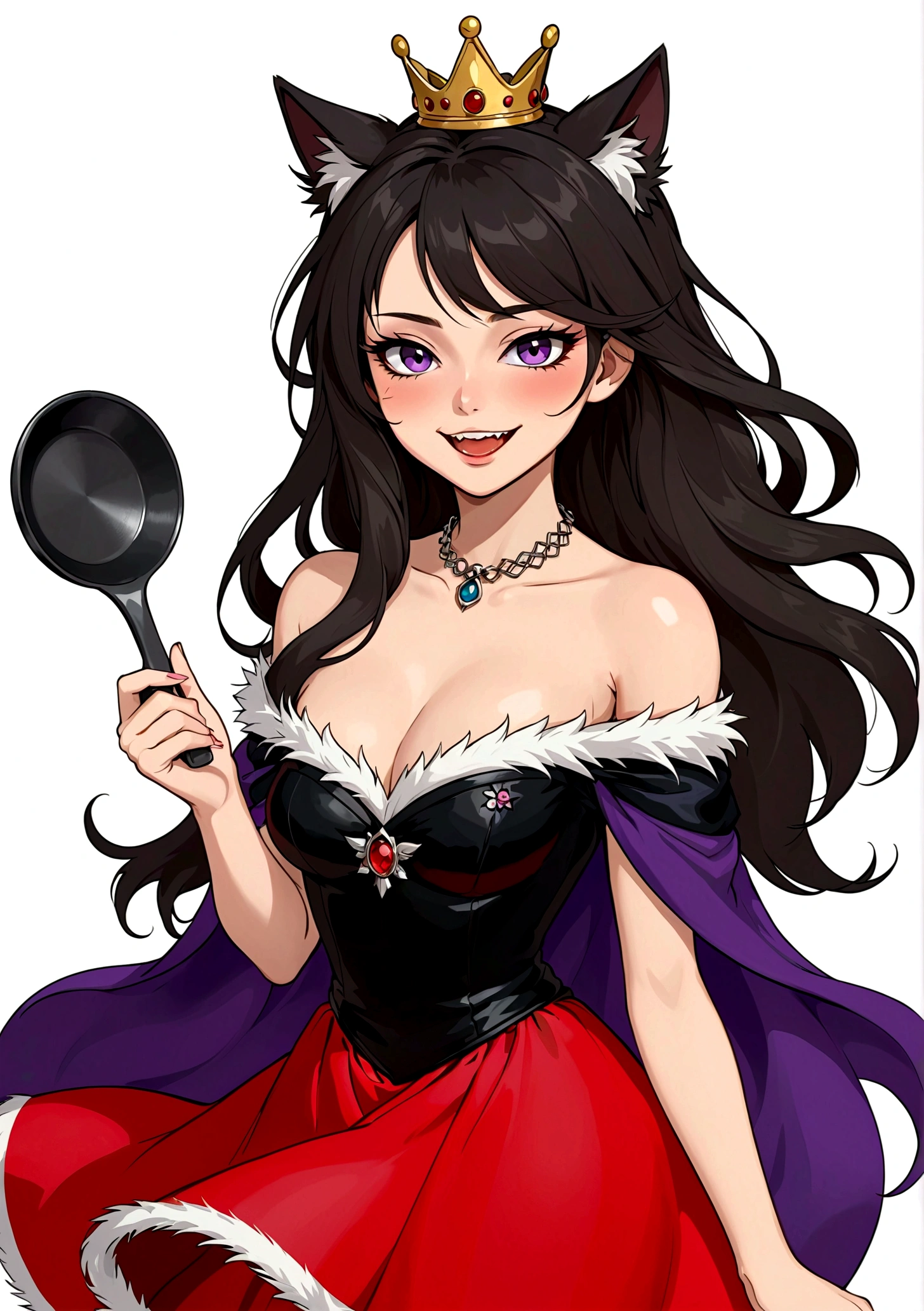 Anime girl holding a frying pan，laughing out loud，Fangs，Black eyes，A mole under the eye，Purple eyeshadow purple eyelids，Black long hair，Cat ears，Small Crown，Red off-shoulder dress，Fur collar shawl，wave，Slender neck