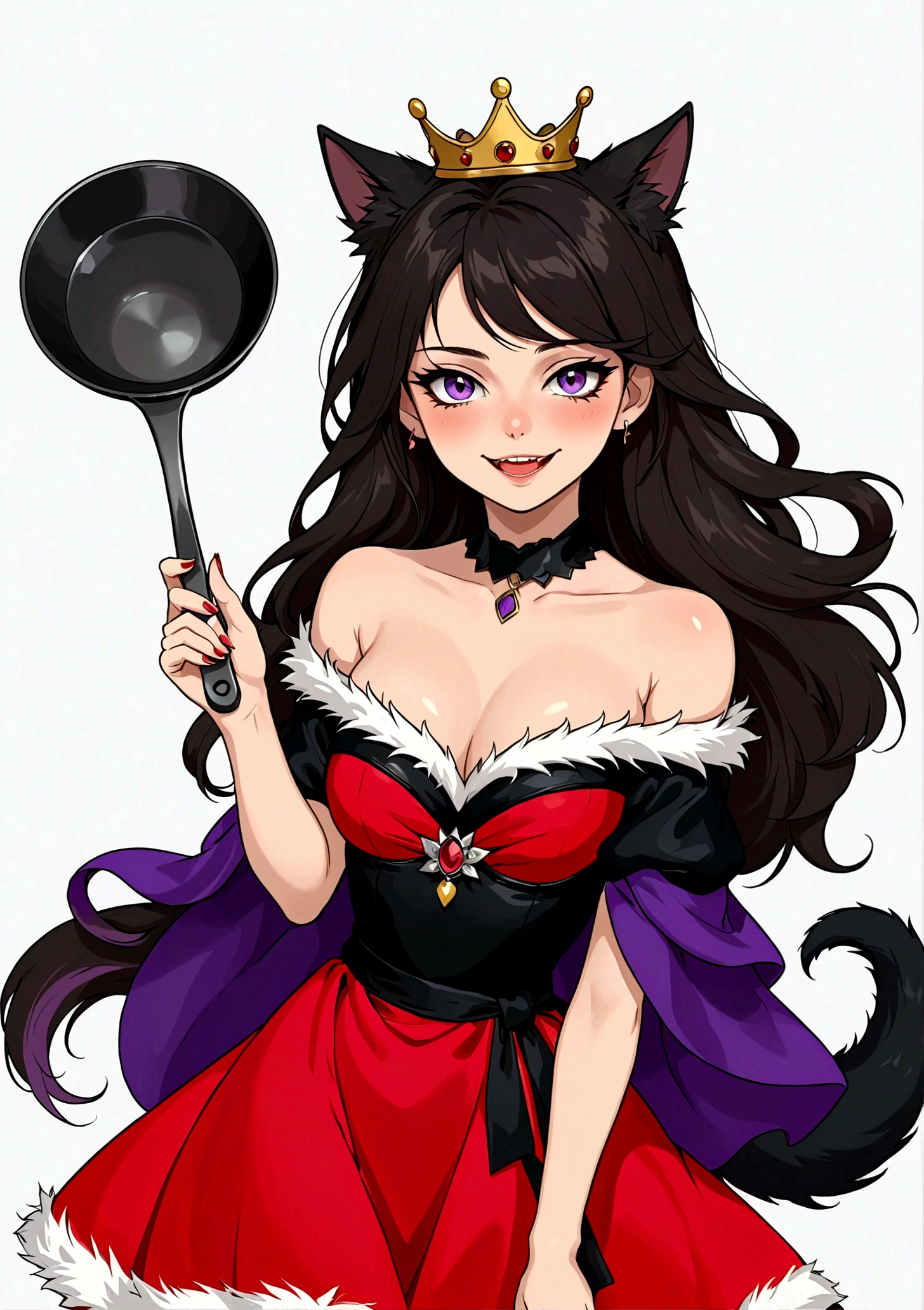 Anime girl holding a frying pan,laughing out loud,Fangs,Black eyes,A mole under the eye,Purple eyeshadow purple eyelids,Black long hair,Cat ears,Small Crown,Red off-shoulder dress,Fur collar shawl,wave,Slender neck