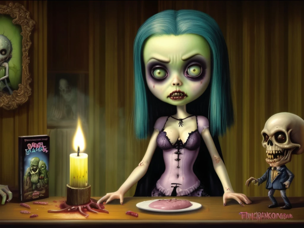 Grub Girl, Verotik Comics, Danzig, by Edward Lee, Frankenhooker, Troma, dingy, dark tone, corpse hooker, undead, Re-Animator, Tim Burton style, gothic influence, Mark Ryden Style page, 8k 