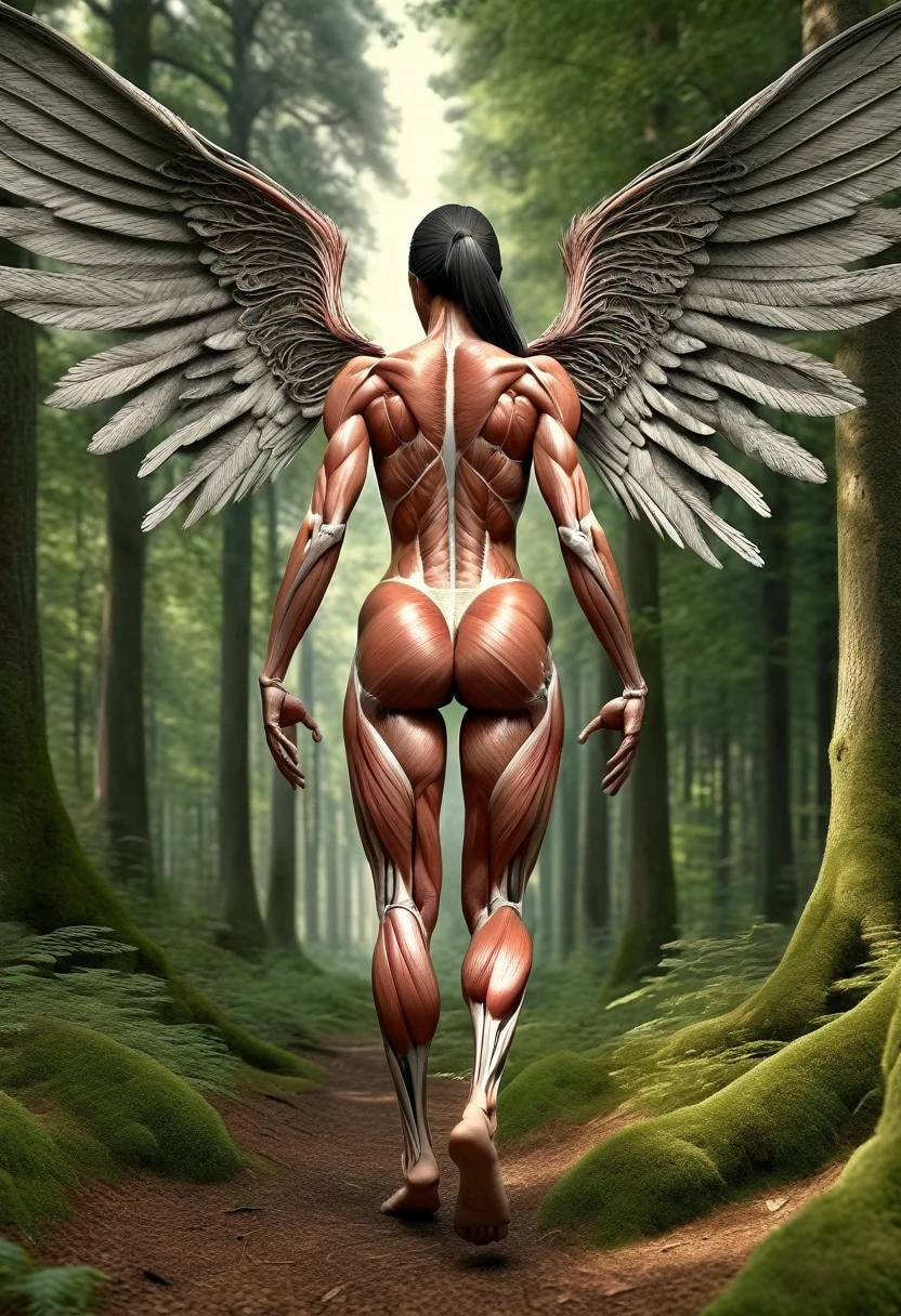 Description anatomique des muscles du dos d'une femme avec des ailes marchant dans une forêt, , (hyperRéaliste, very detailed, anatomie parfaite)
