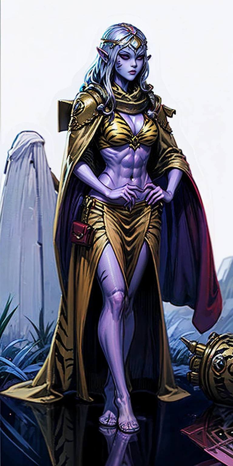 Full body, masterpiece, 1solofemale drow elf purple skin standing pose (yellow tiger bikini) red cape, red bikini, long white hair, strong body, abs, Ultra Quality, shiny skin, Atmospheric, 8K, Cinematic ((PLAIN WHITE background)) BREAK, sunglasses