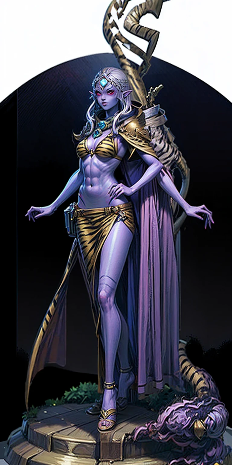 Full body, masterpiece, 1solofemale drow elf purple skin standing pose (yellow tiger bikini) red cape, red bikini, long white hair, strong body, abs, Ultra Quality, shiny skin, Atmospheric, 8K, Cinematic ((PLAIN WHITE background)) BREAK, sunglasses