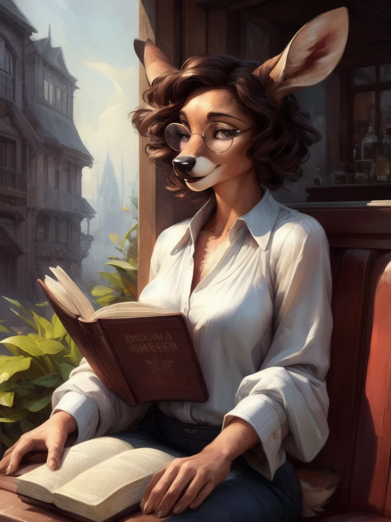 uploaded on e621, by Pixelsketcher, by Bayard Wu, by Thomas Benjamin Kennington , by Einshelm, by hioshiru and kenket, Chunie, portrait, solo anthro female deer doe, tiny featureless breasts, tiny breasts, clear dark blue, cinematic lighting, day, sunny day, sitting outside at a café, Cafe Background, french background, old french background, shiny, short curly dark brown hair, short hair, wears big black nerd glasses, very very beautiful furry art, furry art, thoughtful, shiny, feminine, cute face, muzzle, fluffy chest, flawless face, Fallow deer, 1girl, Sakimichan is beautiful, Masterpiece, Wavethesallow Face, shiny, Detailed image, portrait, Detailed image, portrait, wears pure white wide, big blouse, wears beige summer straw hat, shiny, realistic face, perfect anatomy, hourglass body, anthropomorphic deer, happy, very happy, small ears, huge black nerd glasses, wide happy eyes, look at viewer, smiles, big smile, holds with both hands a book, hourglass body, (furry body:1.1), anthropomorphic deer, reading a book, small fluffy tail, detailed background, (cute anatomy:1.1)