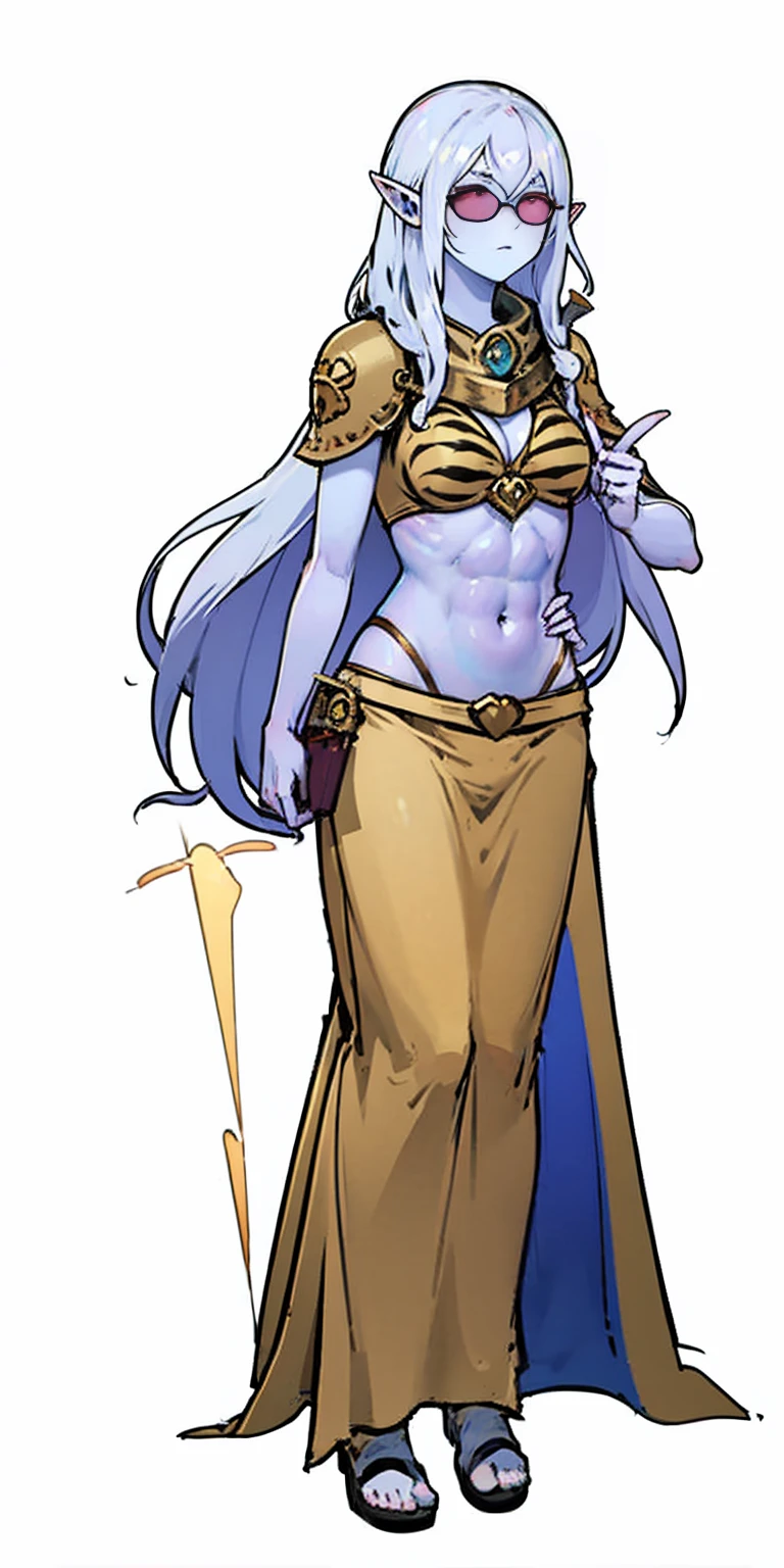 Appearance
Gender: Female
Age: Mature
Race: Drow (elf with dark skin and white hair)
Height: Full-body
Skin: Gray
Skin: Gray
Background: Plain Gray
Eyes: Purple
Attire: Bikini, revealing abdominal muscles
Accessories: Large earrings, ragged rags, chain necklace
