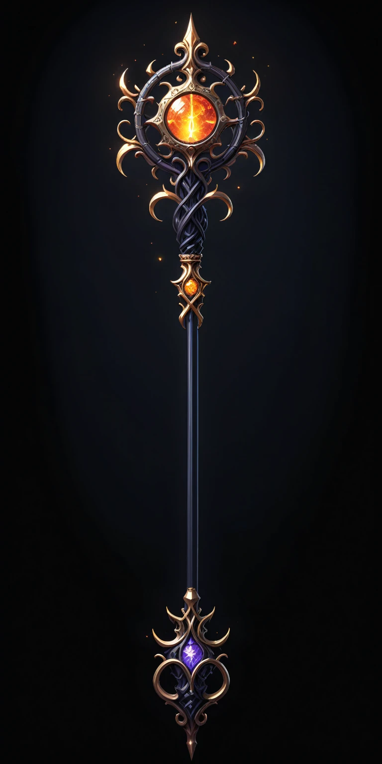 pixel art, cartoon illustration, Divine glavie greatstaff, Powerfull Magical theme, simple black background, RPG game icon