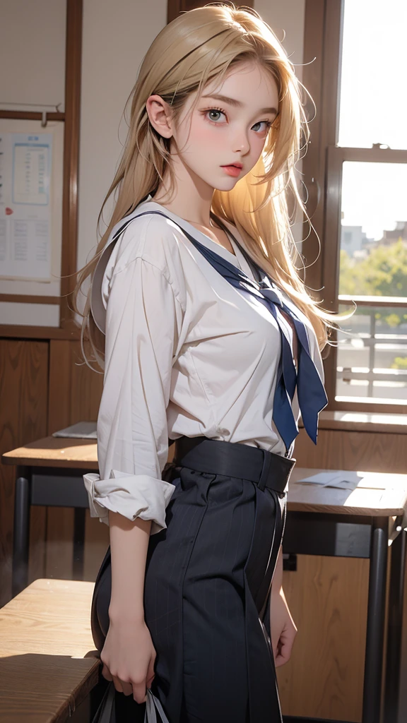 A beautiful high school girl who is half French and half Japanese、Anyway, her face is beautiful、Beautiful blue eye color、Beautiful long, straight, bright blonde hair、Please wear sailor uniforms, which are typical of Japanese school uniforms.。The background is a high school classroom、This scene is a close-up of the beautiful high school girl's upper body.。Please express how the face is looking diagonally upwards and how the beauty can be seen even from the profile.。