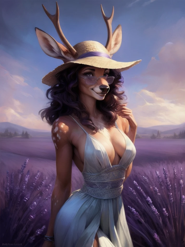 uploaded on e621, by Pixelsketcher, by Bayard Wu, by Thomas Benjamin Kennington , by Einshelm, by hioshiru and kenket, Chunie, portrait, solo anthro female deer doe, with small featureless breasts, clear dark blue, cinematic lighting, day, sunny day, lavender field, stays in a lavender field, lavender field background, mediterranean background, horizon background, shiny, short curly dark brown hair, wears big black nerd glasses, very very beautiful furry art, furry art, smiling, joyful, shiny, happy, feminine, cute face, muzzle, fluffy chest, flawless face, Fallow deer, 1girl, Sakimichan is beautiful, Masterpiece, Wavethesallow Face, shiny, Detailed image, portrait, Detailed image, portrait, full body, wears pure white spaghetti straps dress, wears big and wide beige summer straw hat, shiny, realistic face, perfect anatomy, hourglass body, (furry body:1.1), anthropomorphic deer, looks at the viewer, small fluffy tail, detailed background, (cute anatomy:1.1), stands in a lavender field
