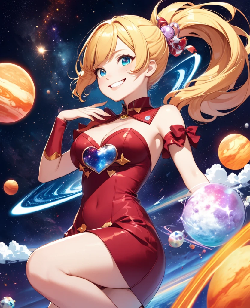 detailed illustration, dynamic angle, ultra-detailed, illustration, 1girl, 18, cosmic, stars, space, magic, Magic Girl, dark red outfit, bright eyes, blue eyes, detailed eyes, smiling, winking, mischievous, smirk, cleavage, medium breasts, thighs, shoulders, long blonde hair, ponytail, mars, long ponytail