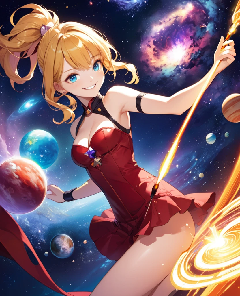 detailed illustration, dynamic angle, ultra-detailed, illustration, 1girl, 18, cosmic, stars, space, magic, Magic Girl, dark red outfit, bright eyes, blue eyes, detailed eyes, smiling, winking, mischievous, smirk, cleavage, medium breasts, thighs, shoulders, long blonde hair, ponytail, mars, long ponytail
