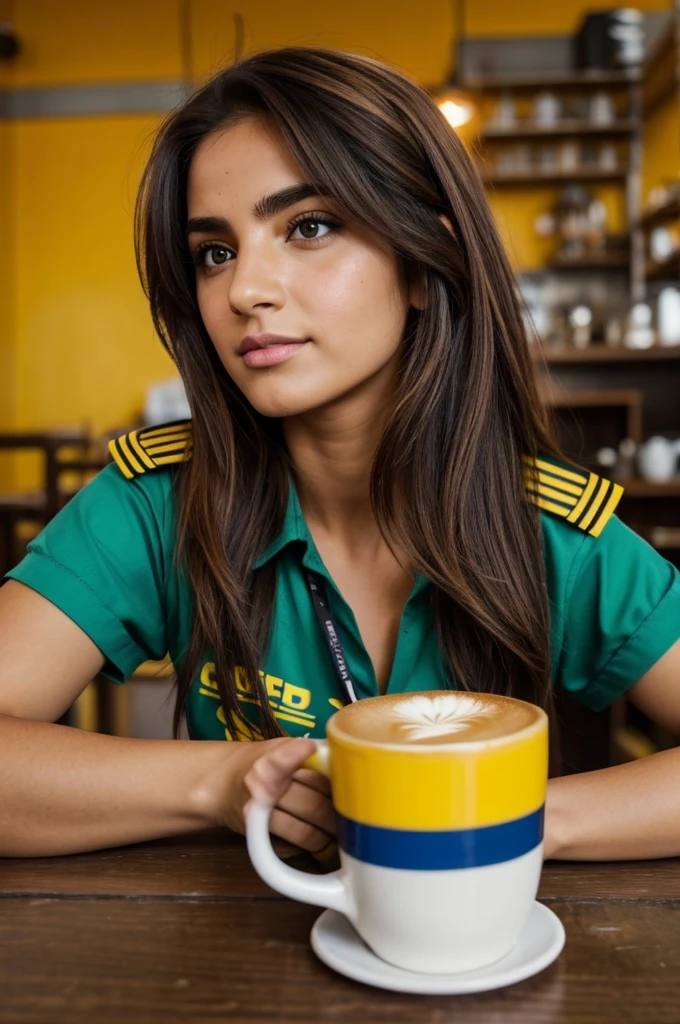 Imagen de un personaje de pelo mitad rubio, mitad cafe muy oscuro, ojos de colores distintos (el derecho magenta, el izquierdo verde) tiene gafas de inventor com puas sobre su cabeza, ropa oscura como uniforme de piloto pero de un color negro con adornos dorados y el sombrero de piloto sin medallas solo in simbolo en dorado de calabera, collar de puas y en su pelo justo a la mitad de ambos colores un azul opaco, sus cejas son de los colores contrarios a su cabello, si es del lado cafe (el derecho es cafe, el izquierdo rubio) la ceja debe der rubia y del lado contrario cafe, tiene lunares cerca del labio, en la mejilla y cerca del ojo. Es mujer.