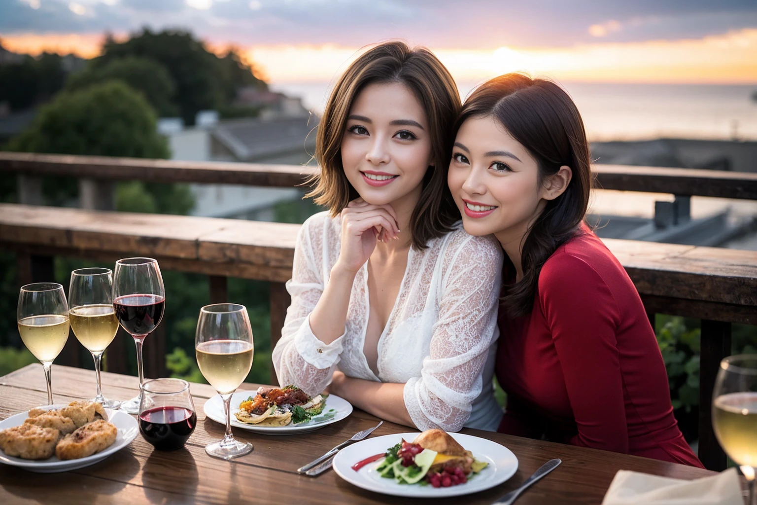 ((highest quality、8k、masterpiece:1.3))、 (Genuineistic, Genuine、Bright image、Intricate details:1.2), 最高のsmile 男性1人 女性1人、Beautiful Couple、spouse、Couple、spouse、actress、モデルCouple、smile、full-course dinner、 (Slim face), (the body is slim), (Brown Hair), (short hair), テーブルの上のwine glass、Please shine a light on my face、 Amazing view of the sunset sky and clouds、 (42 years old), 39 years old, red wine 、Appetizers、Wine bottle、sparkling wine、Long sleeve shirt、dress、White wine, red wine, wine glass,