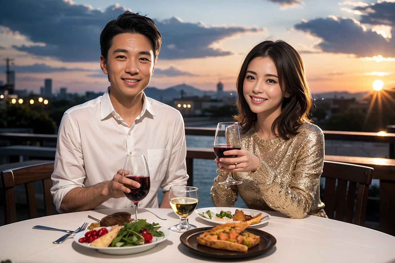 ((highest quality、8k、masterpiece:1.3))、 (Genuineistic, Genuine、Bright image、Intricate details:1.2), 最高のsmile 男性1人 女性1人、Beautiful couple、spouse、Engaged Couple、family、actress、model、smile、full-course dinner、 (Slim face), (the body is slim), (Brown Hair), (short hair), テーブルの上のwine glass、Please shine a light on my face、 Amazing view of the sunset sky and clouds、 (Age 37), 41 years old, red wine 、Appetizers、Wine bottle、sparkling wine、Long sleeve shirt、dress、White wine, red wine, wine glass, 