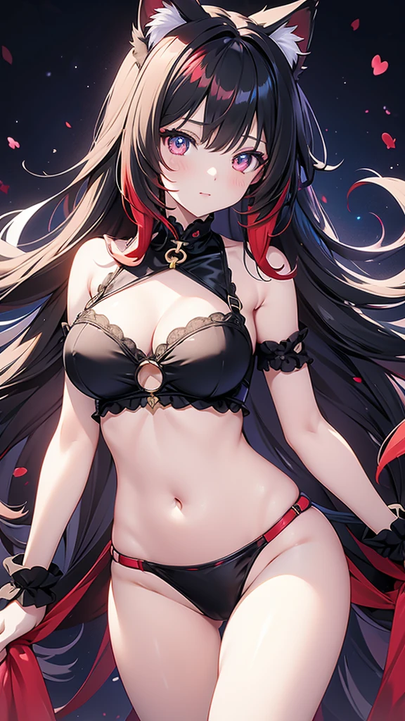 Anime girl
Black long wavy multicolored_hair(rainbow gradient hair)
Red colored eyes
Cute
Sexy girl
Solo girl
1 girl
Beautiful breasts
Wearing cat keyhole lingerie