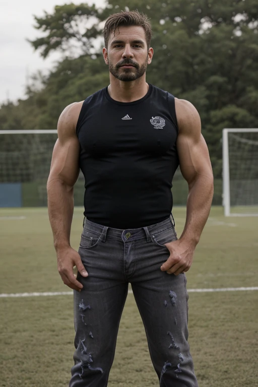 (((Muscular man))) masterpiece, best quality, high resolution, closeup portrait, male focus, solo focus, A man, 50 years old, grey hair, soccer player, football player, grey silver hair, messy hairstyle, cute and seductive face, bare chest, body hair, facial hair, roman nose, , hairy legs, cute, dimples, goatee and mustache, bold jawline , full body, sweaty, in the background an outdoor soccer football field, amazing composition, , HDR, ultra quality, elegant, highly detailed,, beautiful asd, realisric male genitalia (((Big muscles))) (((black jeans)))