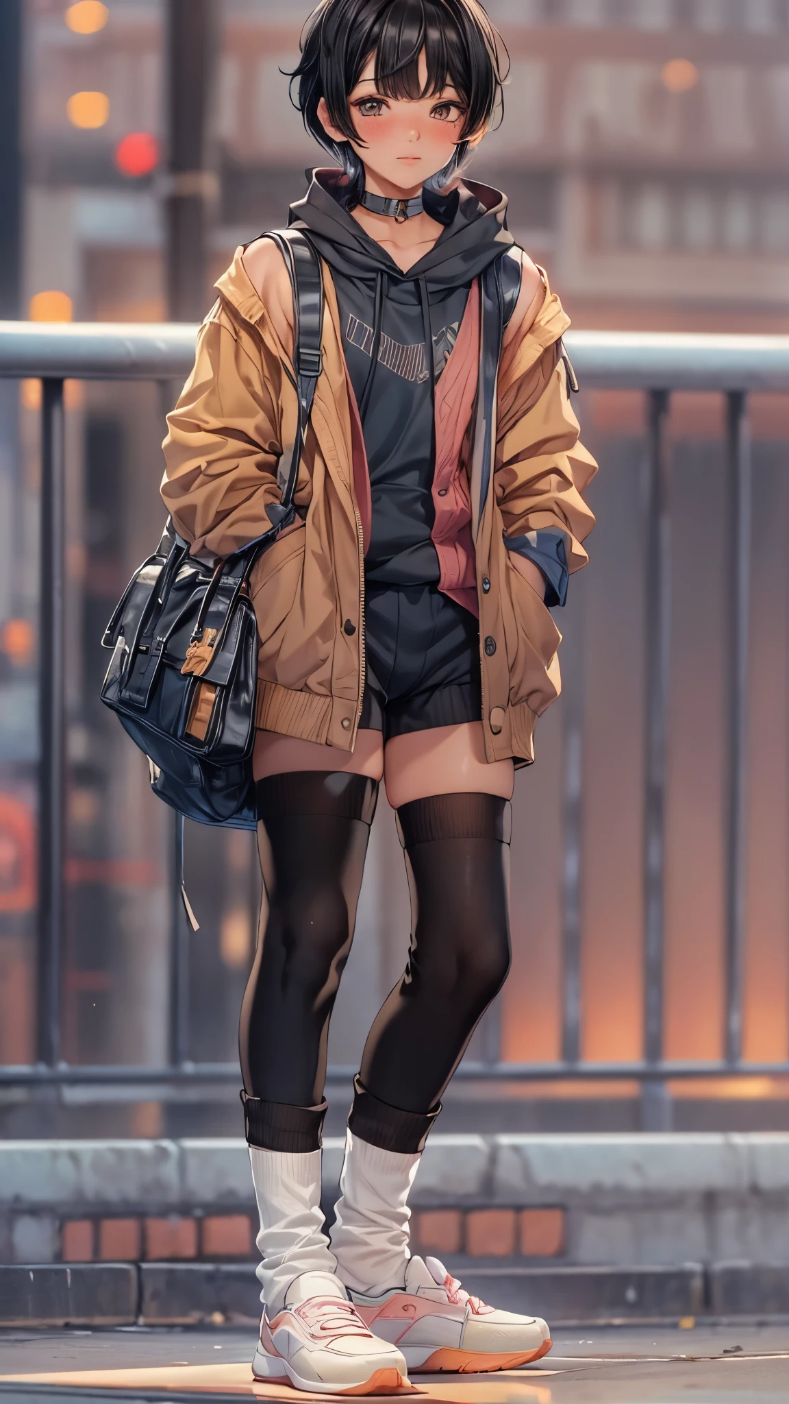 "best quality,ultra-detailed,((background:outside the park1,8)),(one boy),(full body),portraits,((sissy boy,tomboy,FemBoy,trap1,8)),((bulge1.8)),(natural makeup),black choker,necklace,earrings,(short black hair),boy's face,boys body,((nose-blush)),((nervous)),((black fishnet tops)),(camisole),((highlegs athletic bloomer)),((loose socks)),((sneaker)),(he’s having shoulder bags),vibrant colors,soft lighting"