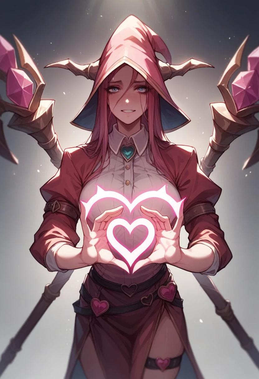 A sorceress in the style of 3D games. Unreal Engine. In her left hand is a staff. A heart-shaped spell with a pink glow is cast in the right hand. In the background there is a sign with the inscription "Academy of Love"