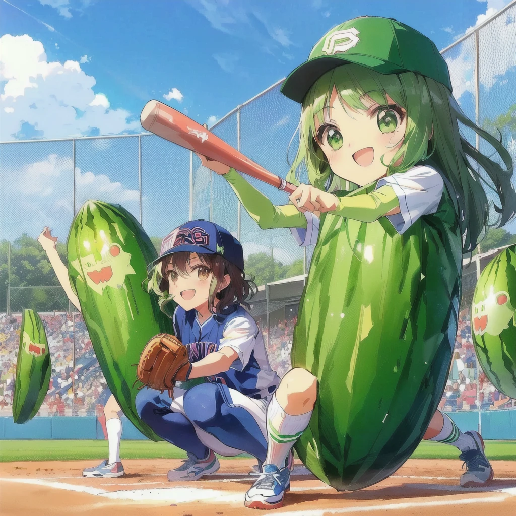 anime baseball players are playing baseball with pickless and a baseball bat, smile,Official Anime Artwork, trending on Pixiv, Official Art, high detailed Official Artwork, Official anime stills, pickles, the material is!!! watermelon!!!, Today's featured anime is still, popular on Pixiv, Pixiv, Official Fan Art, Pixiv contest winner, Casciato, Official Artwork, Cute artwork