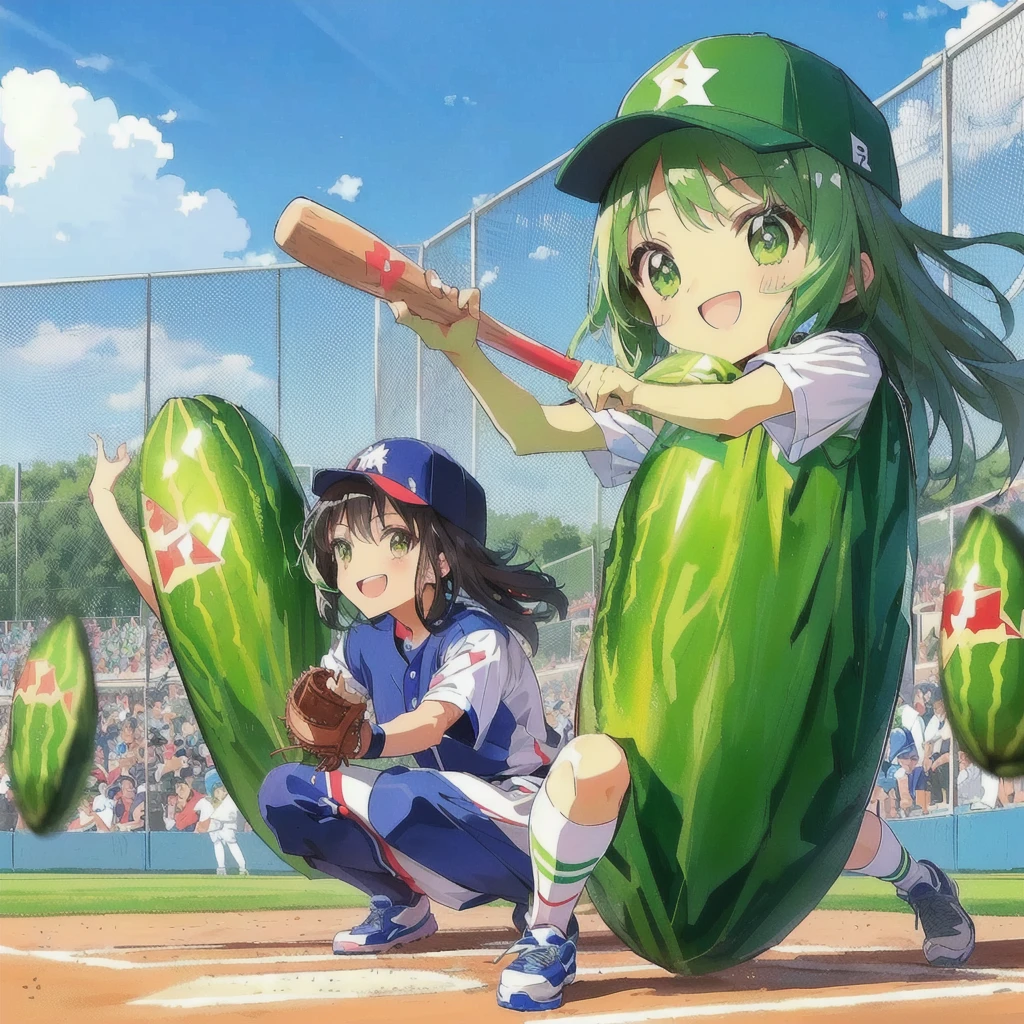 anime baseball players are playing baseball with pickless and a baseball bat, smile,Official Anime Artwork, trending on Pixiv, Official Art, high detailed Official Artwork, Official anime stills, pickles, the material is!!! watermelon!!!, Today's featured anime is still, popular on Pixiv, Pixiv, Official Fan Art, Pixiv contest winner, Casciato, Official Artwork, Cute artwork