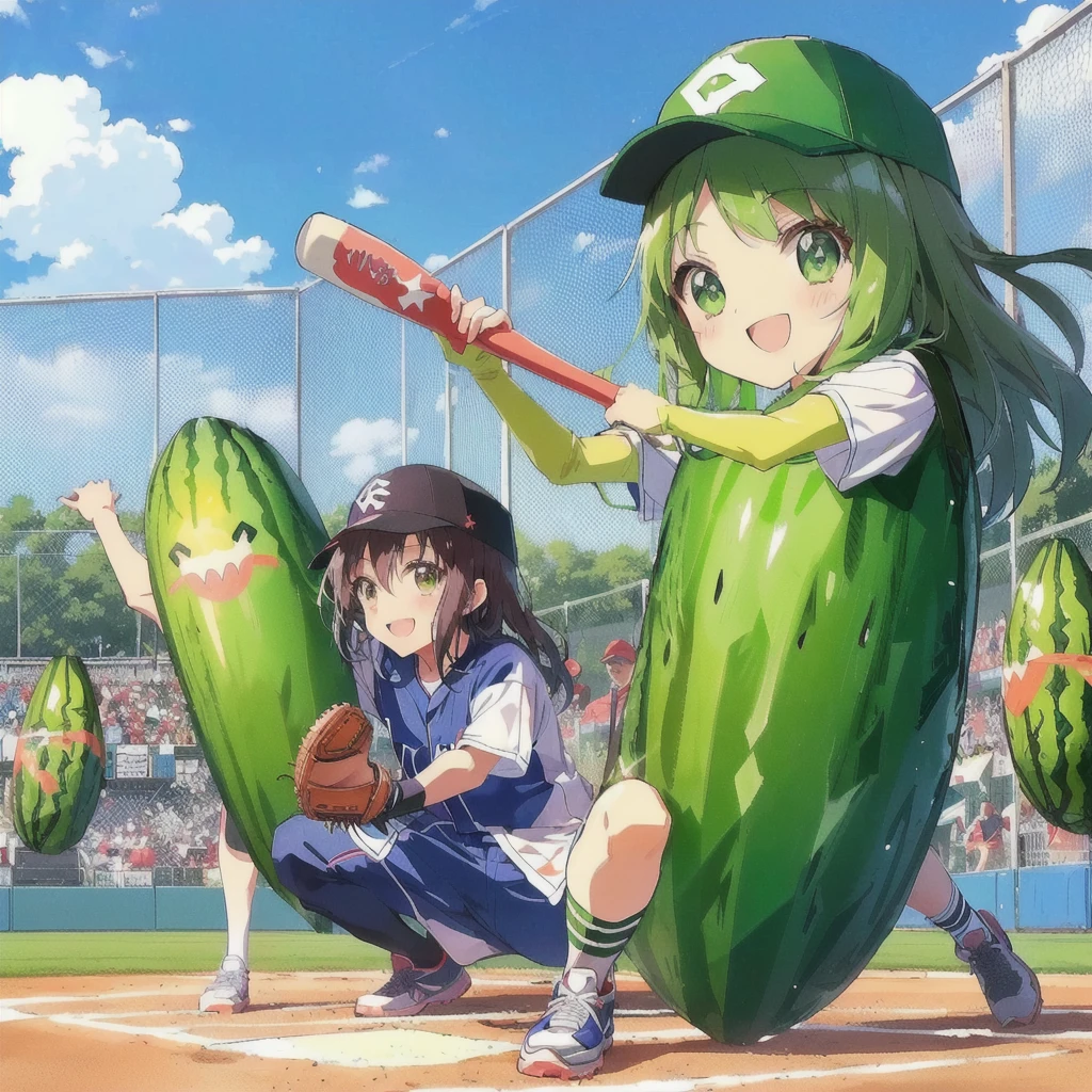 anime baseball players are playing baseball with pickless and a baseball bat, smile,Official Anime Artwork, trending on Pixiv, Official Art, high detailed Official Artwork, Official anime stills, pickles, the material is!!! watermelon!!!, Today's featured anime is still, popular on Pixiv, Pixiv, Official Fan Art, Pixiv contest winner, Casciato, Official Artwork, Cute artwork