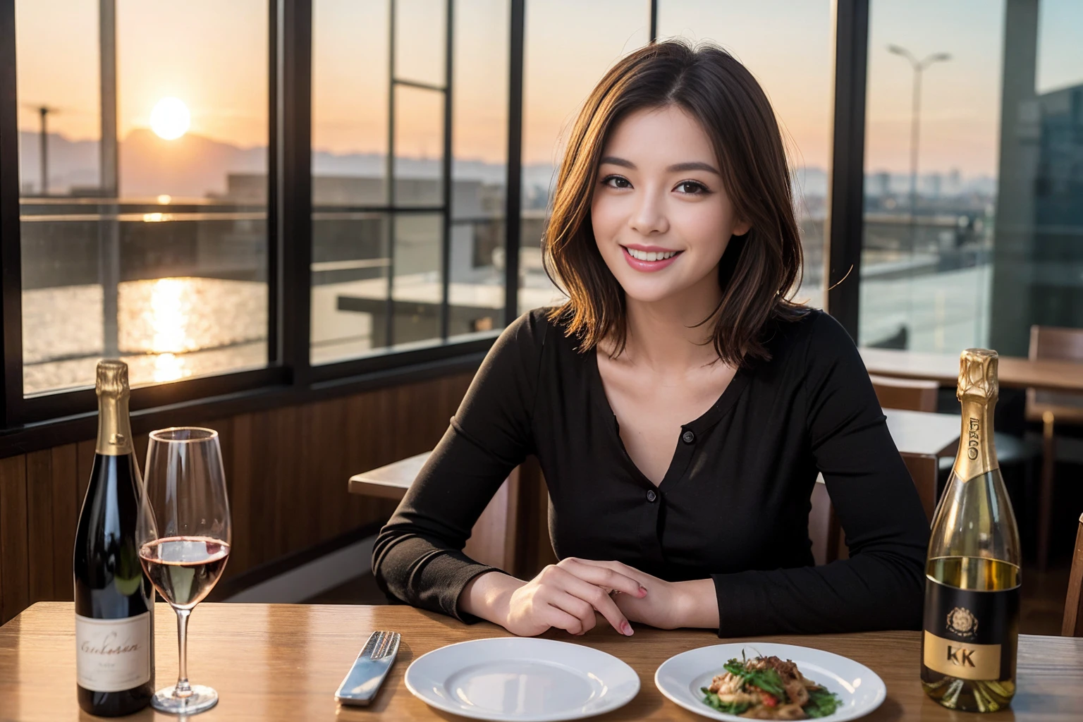 ((highest quality、8k、masterpiece:1.3))、1 male、1 female、spouse、I really like it、Beautiful couple、The body is slim、テーブルの上のwine glass、Facial Lighting、full-course dinner、 Amazing view of the sunset sky and clouds、A bright smile、The wonderfulness of smile、Bright image、Beautiful Face, short hair,Bright Face、 (43 years old), 39 years old, red wine 、Appetizers、Italian food、Wine bottle、Champagne、sparkling wine、Two beauties、Brown Hair、Shortcuts、Long sleeve shirt、dress、Pretty Woman 1, (slimな顔), (The body is slim), (Brown Hair), (Shortcuts), cheeks turn a little red,Attractive beauty、restaurant, In a prominent place (From the waist up) Nova Frog Style, actress, model, Upper Body, White wine, slim, wine glass, 中央に置かれたwine glass, smile, (smile: 1.15), Beautiful fine grain, Depth f/2,saturation, High Contrast, Strong light and shadow,Moist Body:1.5、3D texture、Delicate eyes、Brown Hair、The hair is very shiny、