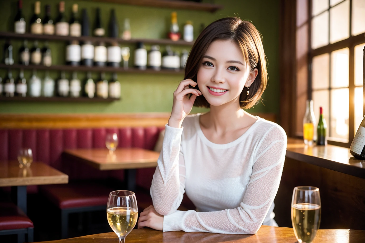 ((highest quality、8k、masterpiece:1.3))、1 male、1 female、spouse、I really like it、Beautiful couple、The body is slim、テーブルの上のwine glass、Facial Lighting、full-course dinner、 Amazing view of the sunset sky and clouds、A bright smile、The wonderfulness of smile、Bright image、Beautiful Face, short hair,Bright Face、 (43 years old), 39 years old, red wine 、Appetizers、Italian food、Wine bottle、Champagne、sparkling wine、Two beauties、Brown Hair、Shortcuts、Long sleeve shirt、dress、Pretty Woman 1, (slimな顔), (The body is slim), (Brown Hair), (Shortcuts), cheeks turn a little red,Attractive beauty、restaurant, In a prominent place (From the waist up) Nova Frog Style, actress, model, Upper Body, White wine, slim, wine glass, 中央に置かれたwine glass, smile, (smile: 1.15), Beautiful fine grain, Depth f/2,saturation, High Contrast, Strong light and shadow,Moist Body:1.5、3D texture、Delicate eyes、Brown Hair、The hair is very shiny、