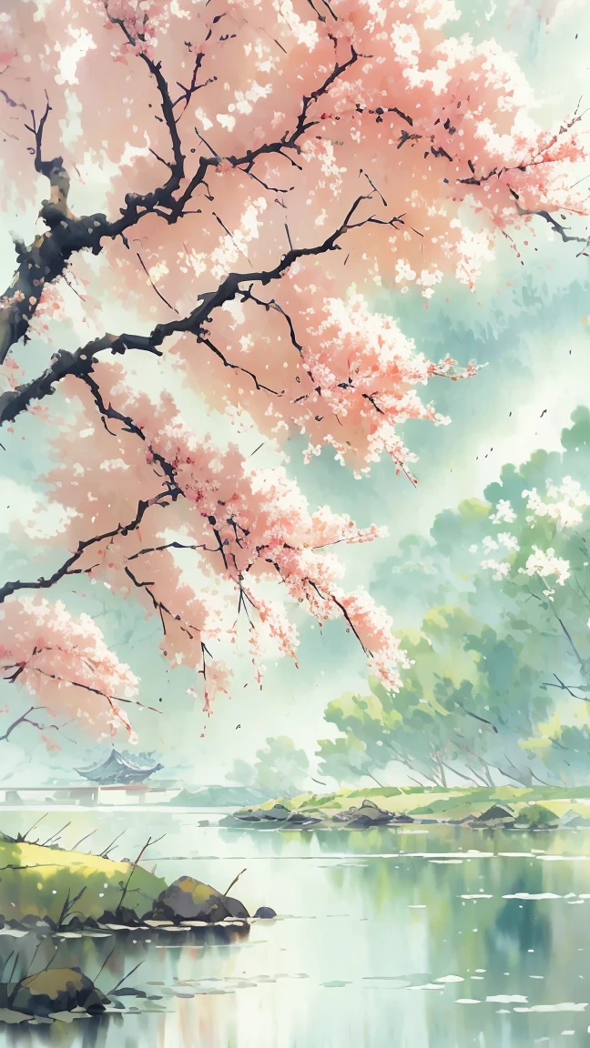 Ancient style illustration Chinese watercolor landscape painting watercolor river peach blossom spring Chinese landscape bare branches flowers and leaves during the day no one outdoors overgrown plants landscape trees grape vines water, masterpiece, Recent quality, The finest details, beauty