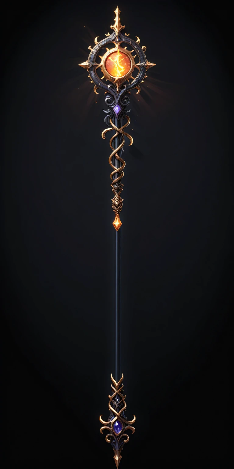 pixel art, cartoon illustration, Divine glavie greatstaff, Powerfull Magical theme, simple black background, RPG game icon