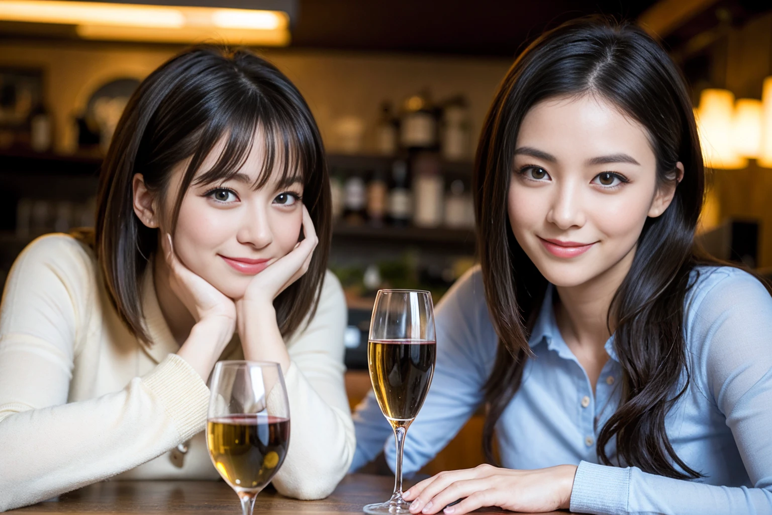 ((highest quality、8k、masterpiece:1.3))、1 male、1 female、spouse、I really like it、Beautiful couple、The body is slim、テーブルの上のwine glass、Facial Lighting、full-course dinner、 Amazing view of the sunset sky and clouds、A bright smile、The wonderfulness of smile、Bright image、Beautiful Face, short hair,Bright Face、 (43 years old), 39 years old, red wine 、Appetizers、Italian food、Wine bottle、Champagne、sparkling wine、Two beauties、Brown Hair、Shortcuts、Long sleeve shirt、dress、Pretty Woman 1, (slimな顔), (The body is slim), (Brown Hair), (Shortcuts), cheeks turn a little red,Attractive beauty、restaurant, In a prominent place (From the waist up) Nova Frog Style, actress, model, Upper Body, White wine, slim, wine glass, 中央に置かれたwine glass, smile, (smile: 1.15), Beautiful fine grain, Depth f/2,saturation, High Contrast, Strong light and shadow,Moist Body:1.5、3D texture、Delicate eyes、Brown Hair、The hair is very shiny、