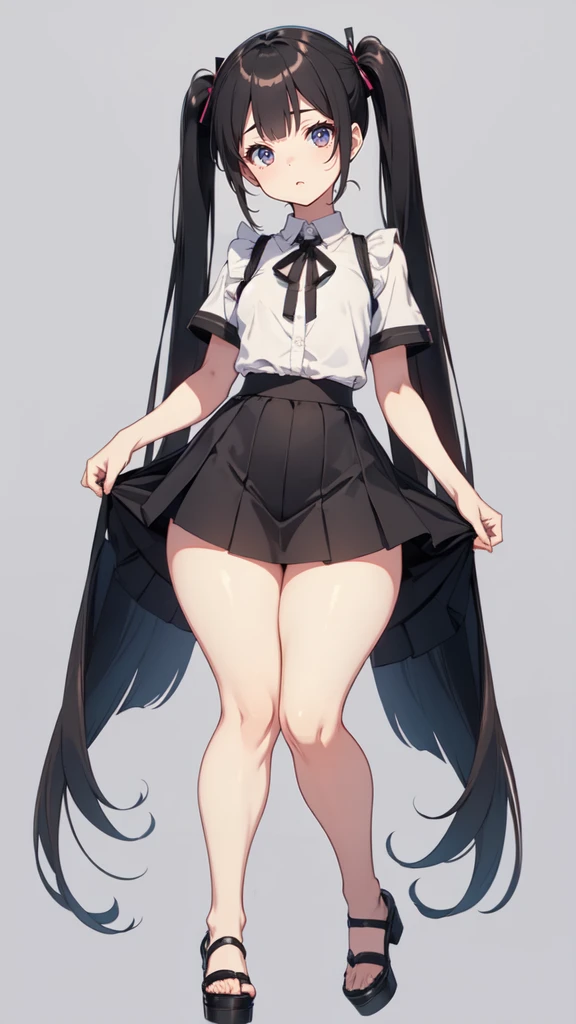 blank background, (((full body))), (masterpiece), ((best quality)), (very short girl), flat chest, short twintail, wide hips:1.8, (thick thighs:1.5), (very short skirt), toeless footwear