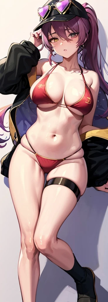 houshouBikini, heterochromia, red eyes, yellow eyes, ponytail, long purple hair, jewelry, baseball cap, sunglasses, eyewear on headwear, black jacket, open jacket, red bikini, string bikini, o-ring thigh strap,look at viewer,lewd face,big breast,dakimakura