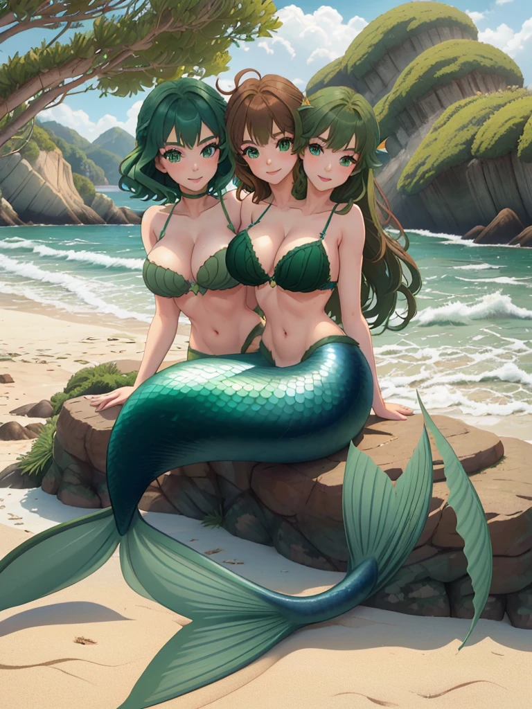 masterpiece, best quality:1.2), 1girl, smile, looking at viewer, green eyes, short brown hair, green hair, blue eyes, heterochromia. mermaid, mermaid girl, wearing green seashell bra, sitting on beach, green mermaid tail, outdoors, big breasts, conjoined, (two heads: 1,5)