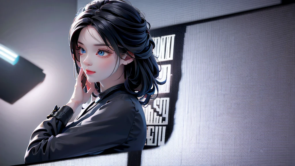 1 girl, medium light black hair, light blue eyes, wearing black suit, night city  , high res, ultrasharp, 8K, masterpiece, looking ???????????