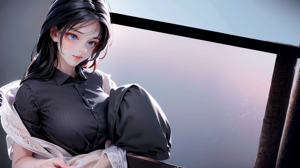 1 girl, medium light black hair, light blue eyes, wearing black suit, night city , high res, ultrasharp, 8K, masterpiece, looking from behind