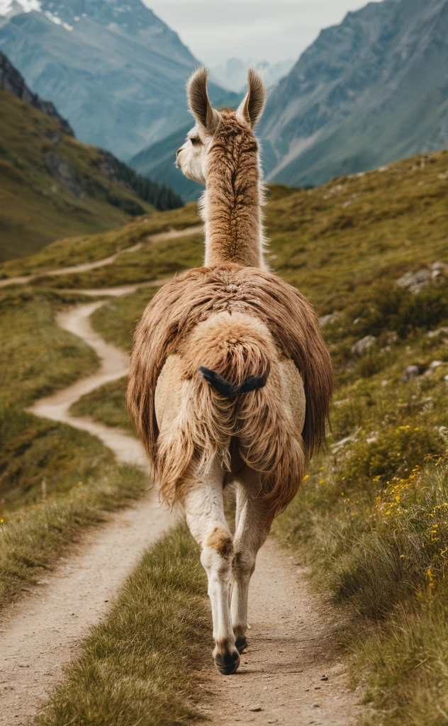 A stunning wildlife photograph capturing the majestic back view of a llama walking gracefully along a winding path amidst green meadows in the Andes mountain range. The llama's coat is a mix of brown and beige, with its long, thick hair flowing gently in the breeze. A scenic mountain backdrop frames the image, and the meadow is lush with wildflowers, offering a sense of serenity and tranquility., wildlife photography