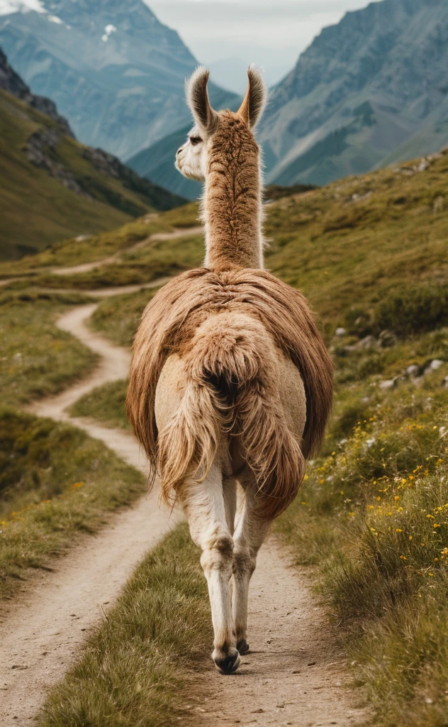 A stunning wildlife photograph capturing the majestic back view of a llama walking gracefully along a winding path amidst green meadows in the Andes mountain range. The llama's coat is a mix of brown and beige, with its long, thick hair flowing gently in the breeze. A scenic mountain backdrop frames the image, and the meadow is lush with wildflowers, offering a sense of serenity and tranquility., wildlife photography