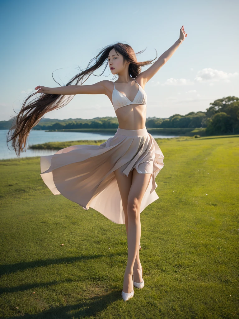 (masterpiece, highest quality:1.4), Award-winning portraits, 8k, 85mm, alone, Beautiful Face, Delicate girl, (Cheerleader、On the grass), Sophisticated, cute, , RAW Photos, Confused, High resolution, Sharp focus, Background Blur、(((flat 、thin and delicate body、Childish atmosphere)))、Glossy short bob、Mole on the left cheek、 Dark blue eyes、the skirt is swaying in the wind、Hair swaying in the wind、sexy、flexible legs、naked、Angle shot from the ground