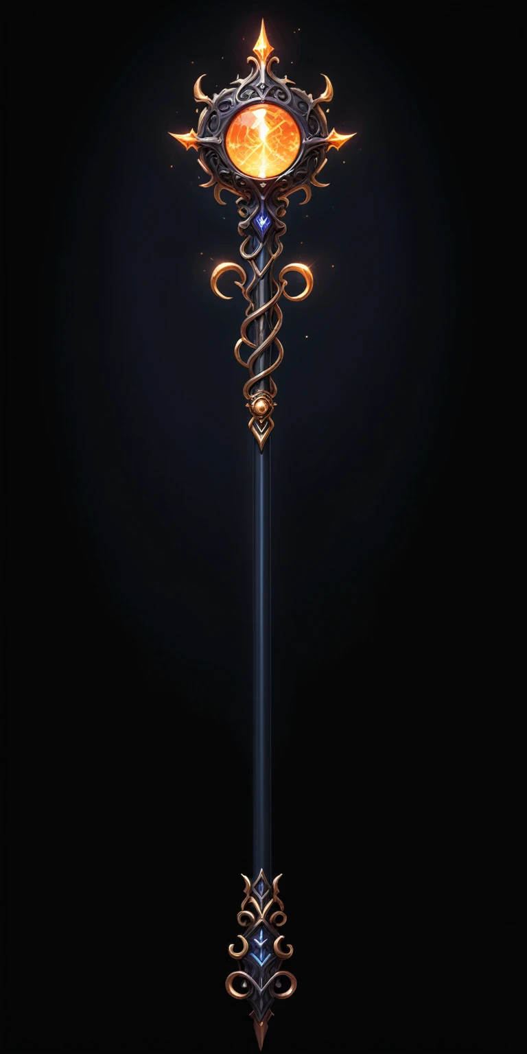 pixel art, cartoon illustration, Divine glavie greatstaff, Powerfull Magical theme, simple black background, RPG game icon