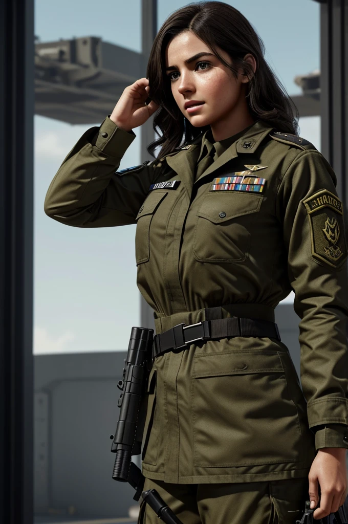 Puedes crear a un personaje de call of duty, Who wears a military uniform with the following characteristics: a girl with waist-length dark hair., Brown eyes, labios gruesos y nariz con algunas pecas, who looks about 23 years old