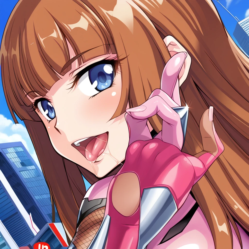 score_9, score_7_up, masterpiece, best quality, source_anime, anime screencap, aoi nagisa, BREAK solo, 1girl, koukawa asuka, brown hair, long hair, blue eyes, bangs, (taimanin suit:1.1), pink bodysuit, gloves, fishnets, skin tight, shiny clothes, BREAK looking at viewer, smile, blush, (gaping mouth, uvula:1.2), excessive saliva, (one hand  gesture:1.2), outside, city, close-up, POV,