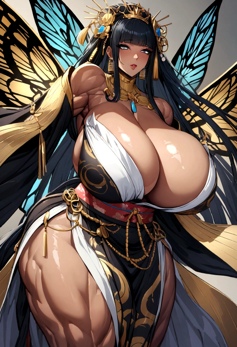 Cleopatra with extreme muscular body, gigantic breasts, fair skin, wearing geisha kimono and big blue butterfly wings.