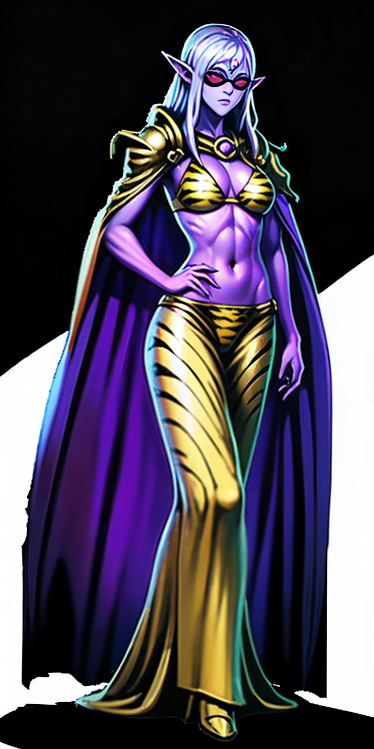 Full body, masterpiece, 1solofemale drow elf purple skin standing pose (yellow tiger bikini) red cape, red bikini, long white hair, strong body, abs, Ultra Quality, shiny skin, Atmospheric, 8K, Cinematic ((PLAIN WHITE background)) BREAK, sunglasses